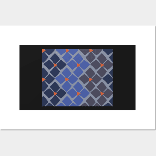 Blue and Orange Floral Zig Zag Posters and Art